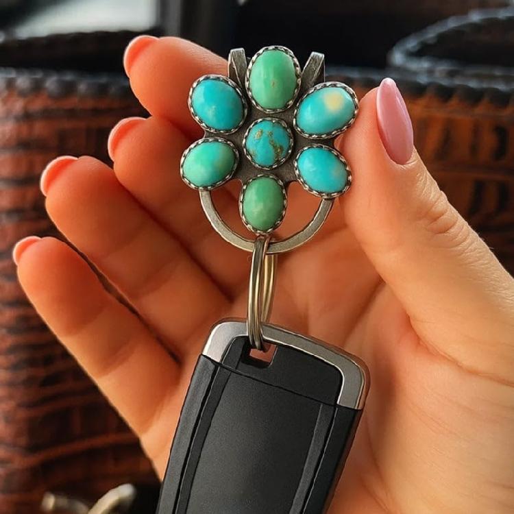Single Handed Key Clip Holder Turquoise Flower Alloy Keychain Bag Hook Purse Organiser Decoration Pendant