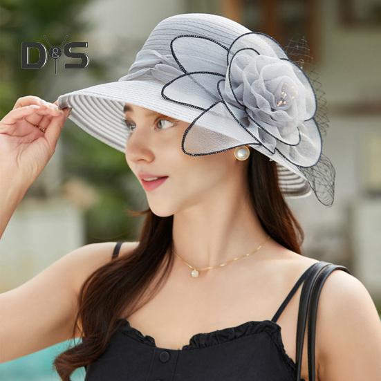 Chapeau de soleil Kentucky en organza pour femme, chapeau à large bord avec fleurs, idéal pour l'église, la plage, le Derby, pour un goûter ou un mariage