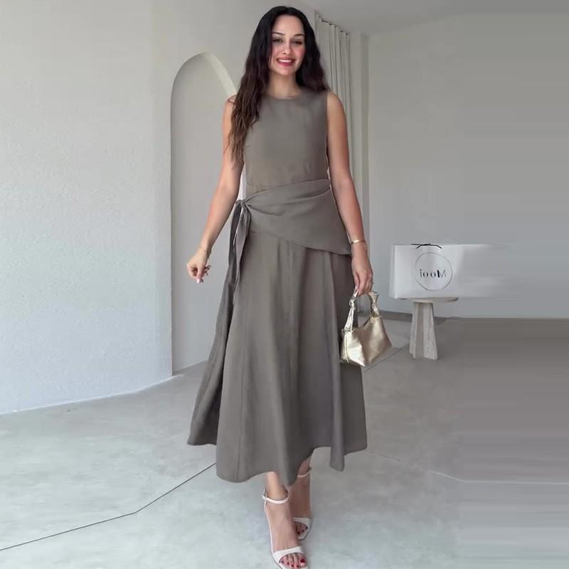2026 Womens Loose Fit Sleeveless Round Neck Solid Color Maxi Dress Comfortable Casual Style XS серый