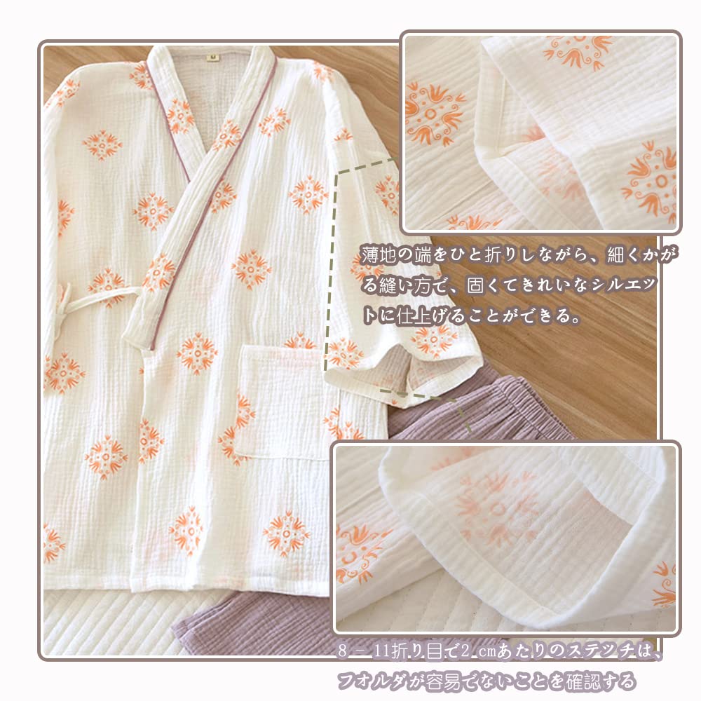 IDOHEMO Jinbei Short Sleeve Top and Bottom Cotton Loose Breathable Size L Women's Pajamas, Set, 3/4 Length, 100% Gauze, Fit, Loungewear, Purple,