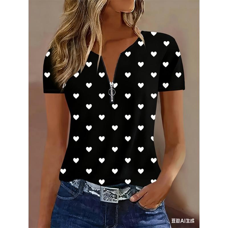 Color-block Quarter-zip T-shirt, Summer Casual Short-sleeve T-shirt, Women's Clothing