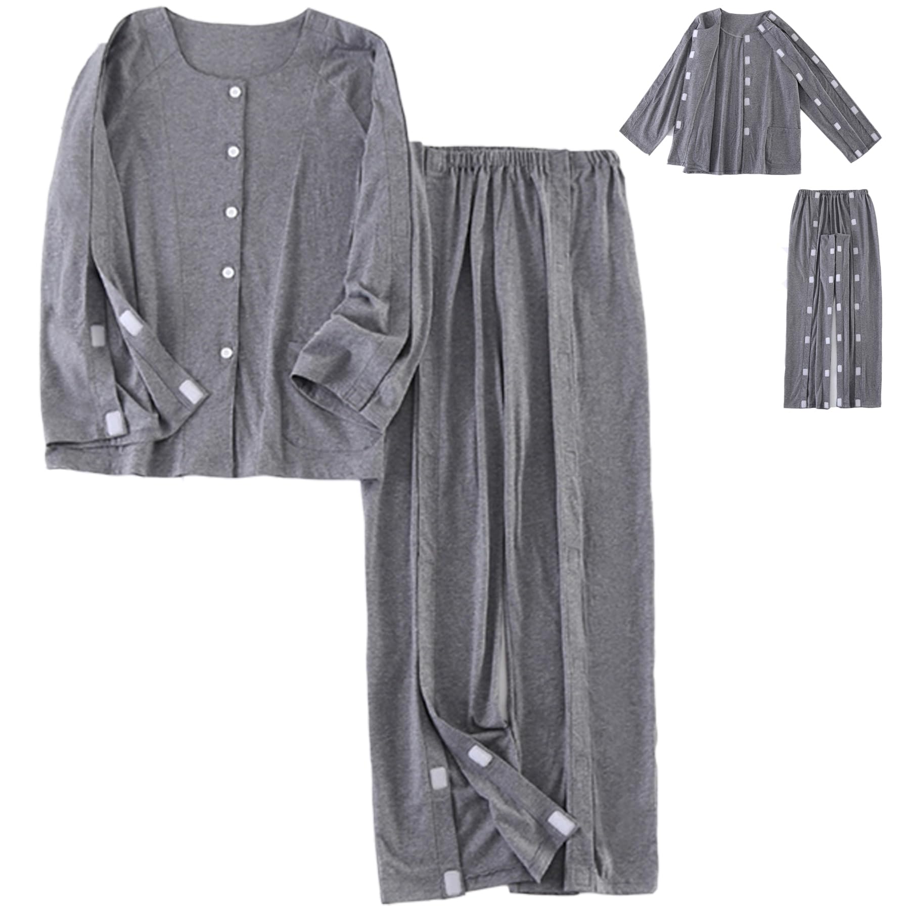 

KUMUROETA Эластичный верх и низ для ухода Идеально для и Костный лежачий и для Переодевания Серый Мужская пижама с длинным рукавом во всю длину, 100% хлопок, серый