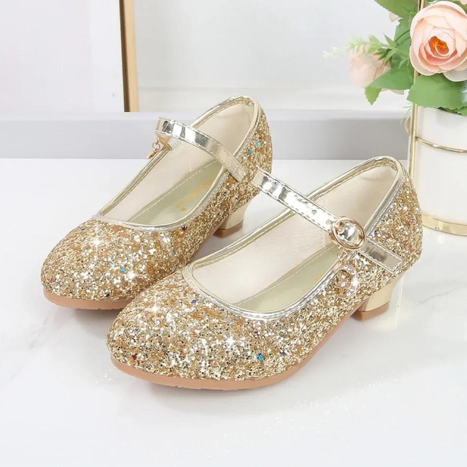 Pantofi Fete Copii Toc Înalt Sandale Strălucitoare cu Cristal Cataramă Modă Pantofi Dans Prințesă Copii Pantofi Piele Spectacol Elev