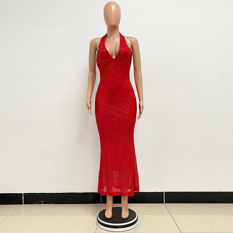 Women's Haute Couture Deep V Halter Halter Gown Dress Long Sequin Fishtail Dress