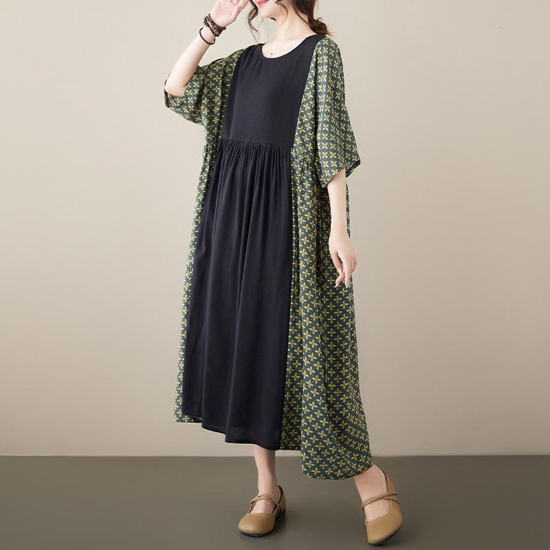 

Летнее ретро платье большого размера с круглым вырезом, в полоску, пэчворк, расклешенное - с коротким рукавом, свободного кроя для женщин Plus Size