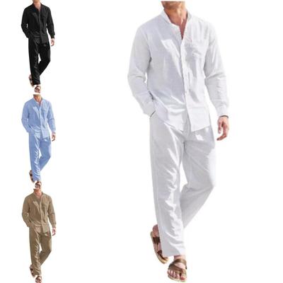 Plus Size Herr Casual Linne Tvådelade Set Europe Style Vintage Basic Toppar och solida byxor Kostym Man Beach Träningsoveraller Set