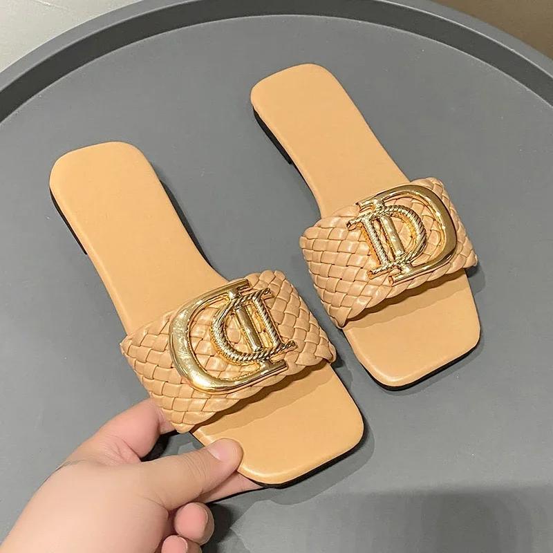 Fashion Women Slippers Party Sexy Elegant Slippers Women Luxury Decor Weave Designer Flat Sandals Fashion Open-toe Vacation Slides Women