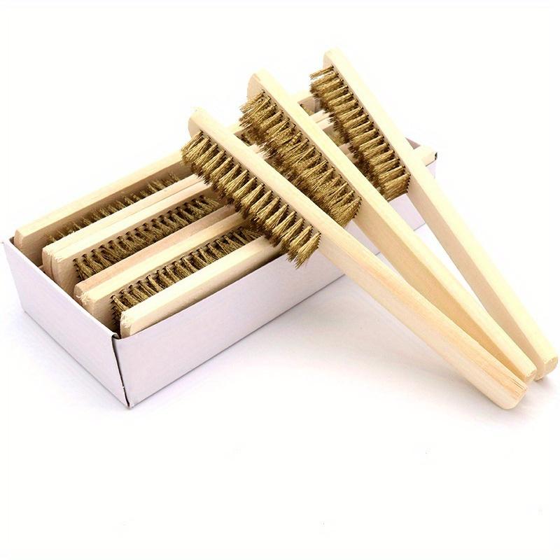 12pcs Wooden Handle Brass Wire Brush: Industrial Surface/Inner Polishing, Grinding, Cleaning, 6x16 Row Brushes - Car Care Tools