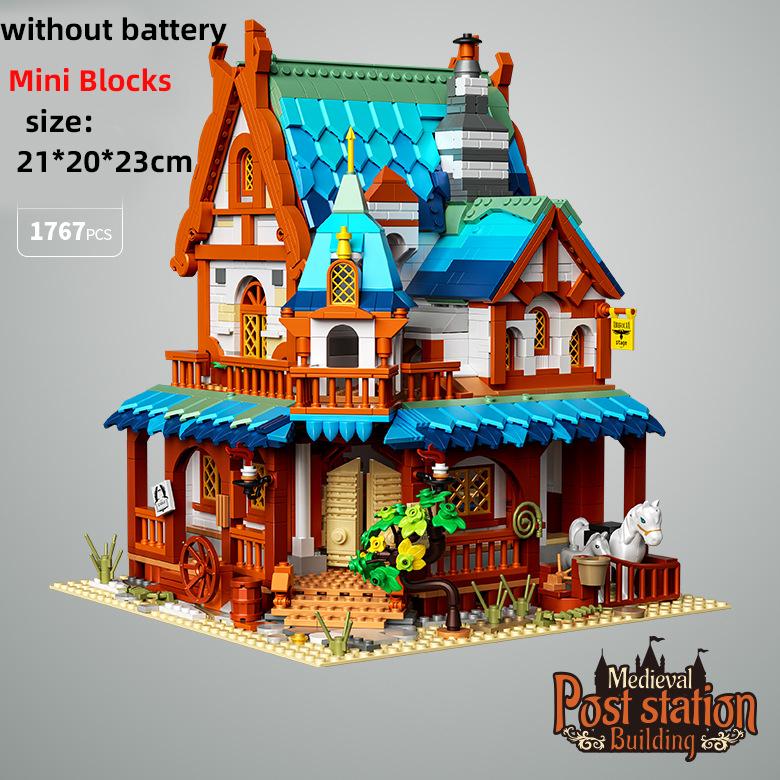 Mittelalterliche Schlossarchitektur Mikro-Bausteine Haus Straßenansicht Bauernstadt Schmiede Hotel MOC Kreative Fahrzeugspielzeuge