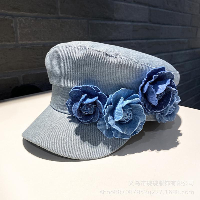 Summer denim flat top hat female three-dimensional contrasting color flower travel big head circumference fashionable face small sun protection painte