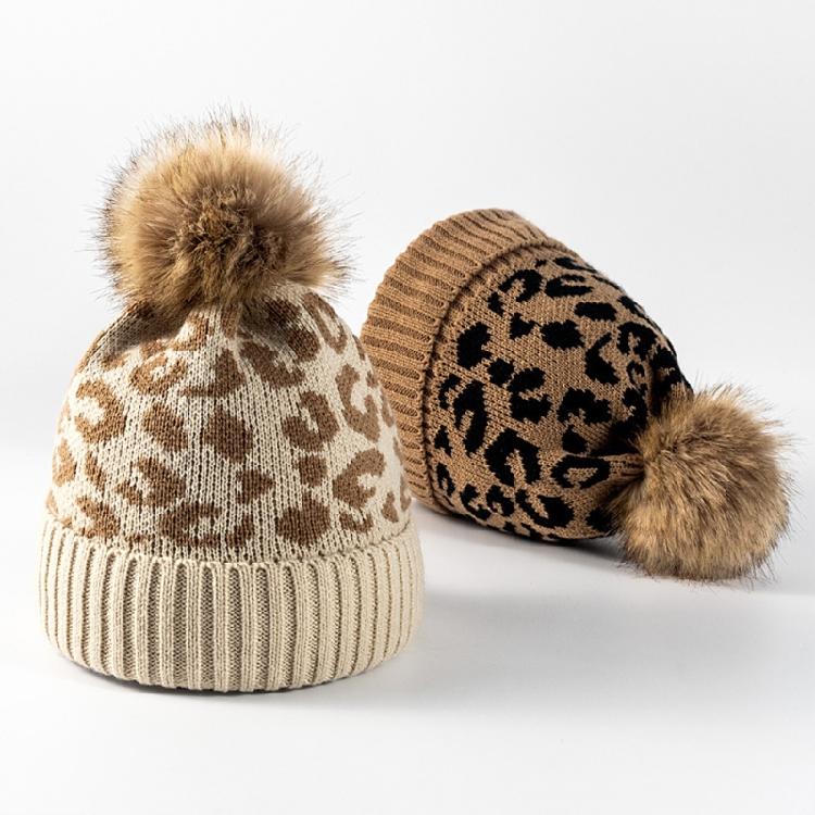 Leopard-print Knitted Wool Cap for W/Pompon Women Beanie Outdoor Casual Winter H