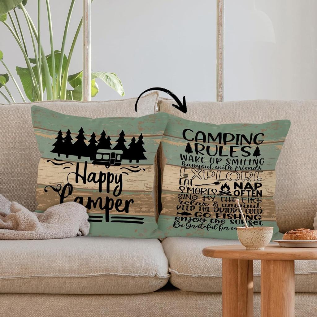 Rustic Happy Camper Wood Board Reversible Throw Pillow Cover, Camping Camper Gifts for Women Men, Camping Rules Pillow Case 18 x 18 Inch Home RV