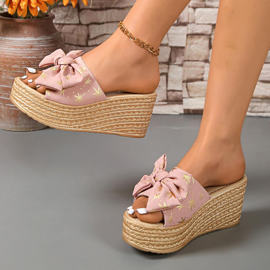 Fashion New Summer Women's Bowknot Decor Wedge Sandals Fashion Maple Leaf Printed Chunky Platform Slippers Woman Thick Sole Beach Slides