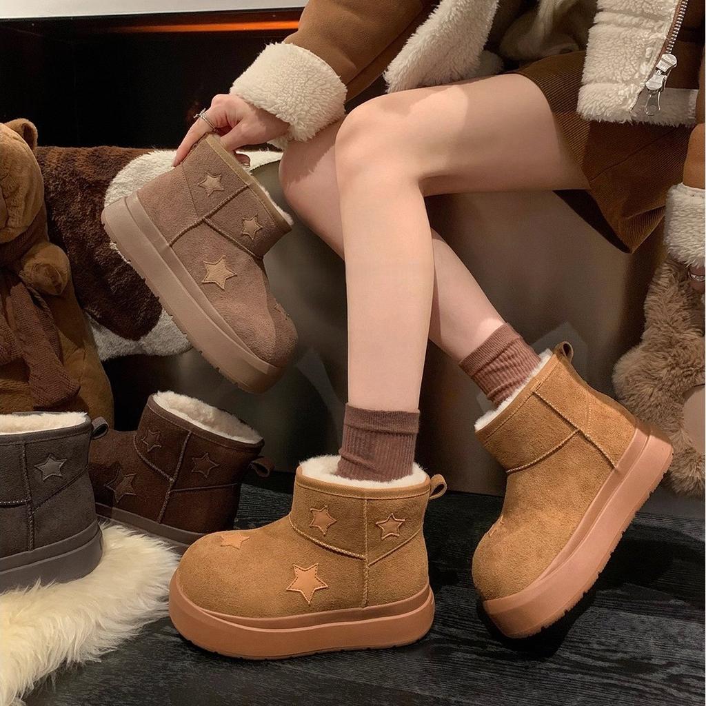 Women's Fashion Lightweight Height-enhancing Soft Sole Winter Warm Fur One Snow Boots Velvet Lined Non-slip Casual Sports Big Head Cotton Boots