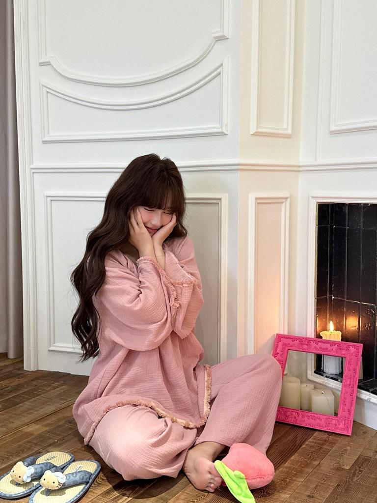 Women's Cotton Pajama Set - Solid Color, Long Sleeve, Long Pants, Casual Relaxed Fit for Spring/Summer.