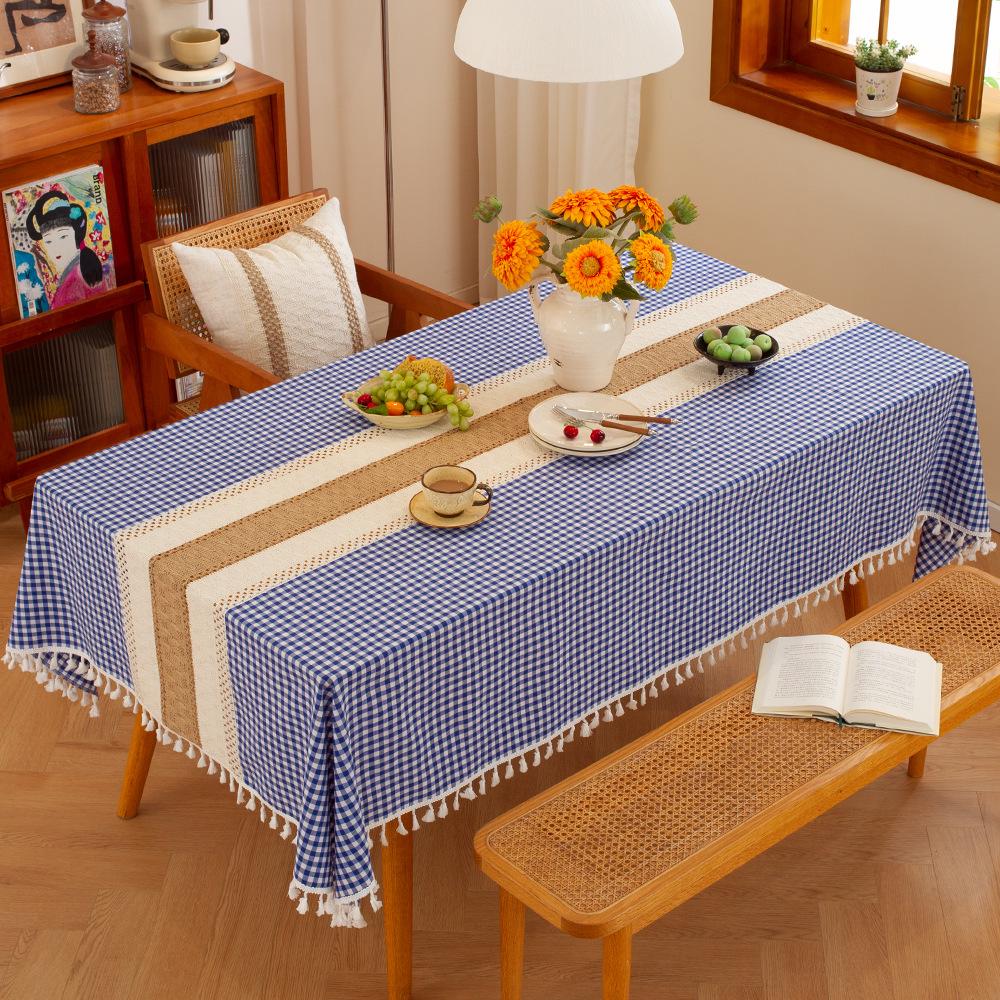 Nordic Classic Patchwork Tablecloth with Tassels - Dustproof Decorative Imitation Cotton Linen