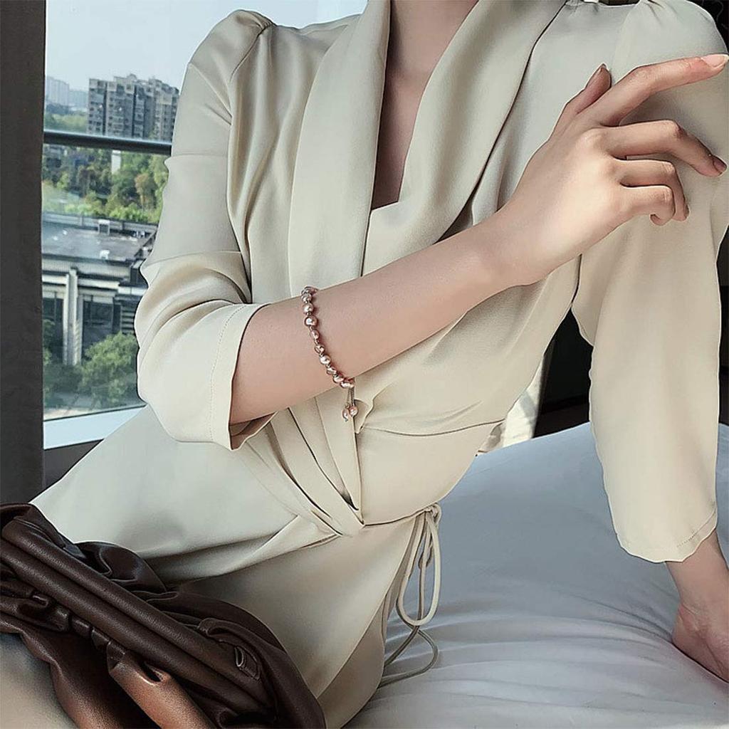 Deelfel Pink 18k Pearl Bangle with Titanium Natural Adjustable Fashion Accessory Women's Bracelet, Gold, Chain, Pearl, Size, Wedding, Party,