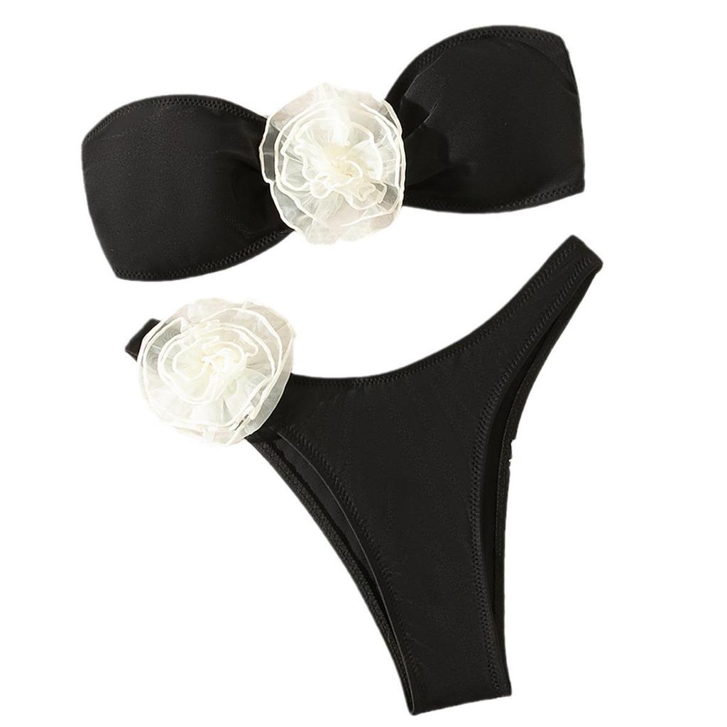 Three-Dimensional Floral Bikini Set: Bandeau Top & Triangle Bottoms