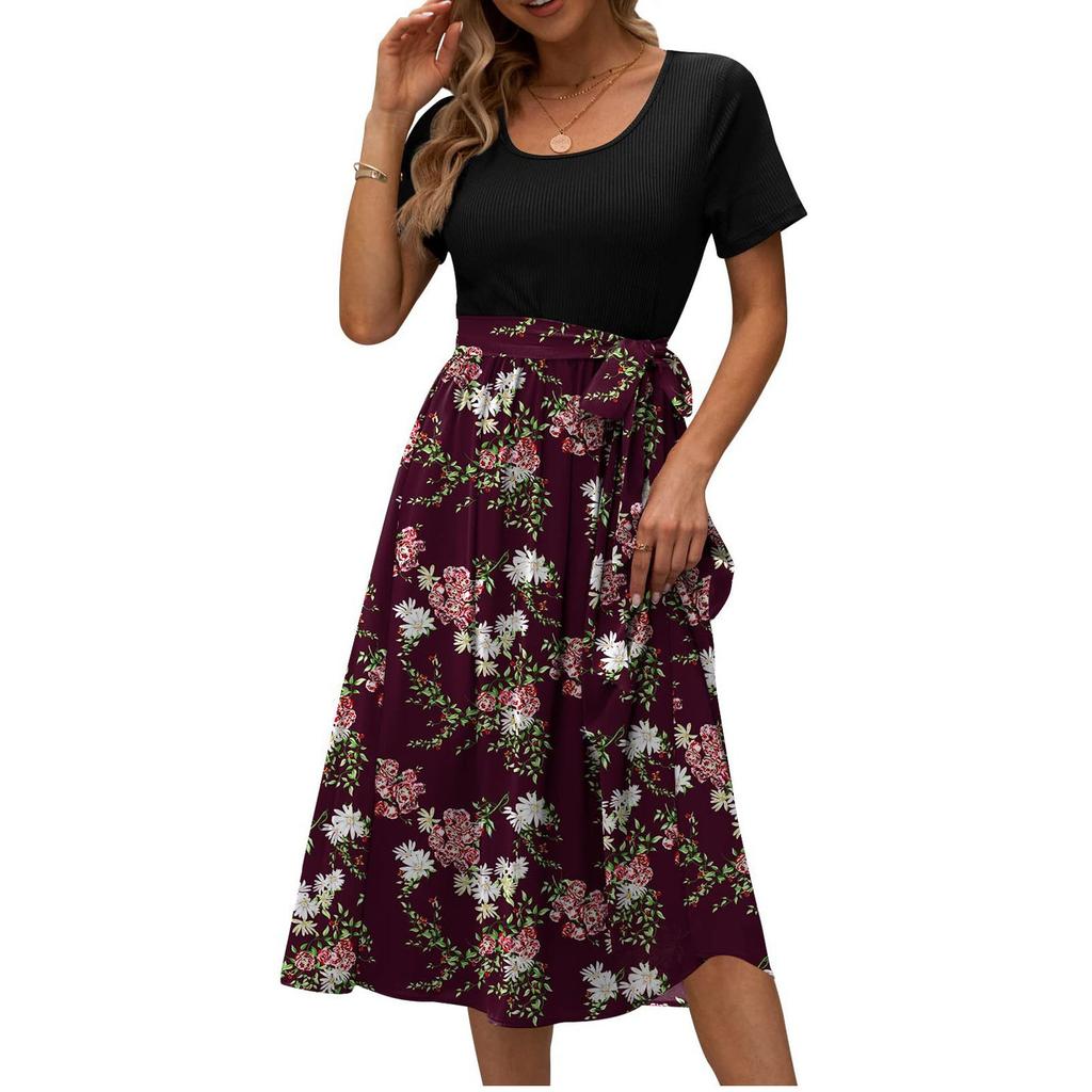 Midikleider Damen Blumendruck Patchworkkleid Kurzarm Rundhals Bequemes Alltagspartykleid