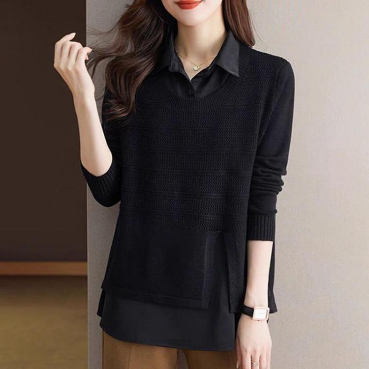 Oversize Cotton Shirt for Women Loose Blouse Long Sleeve Pullover Top Turn Down Collar Casual Fake Two Pieces