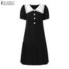 ZANZEA Women Casual Navy Collar Loose Short Sleeve Pleated Dress
