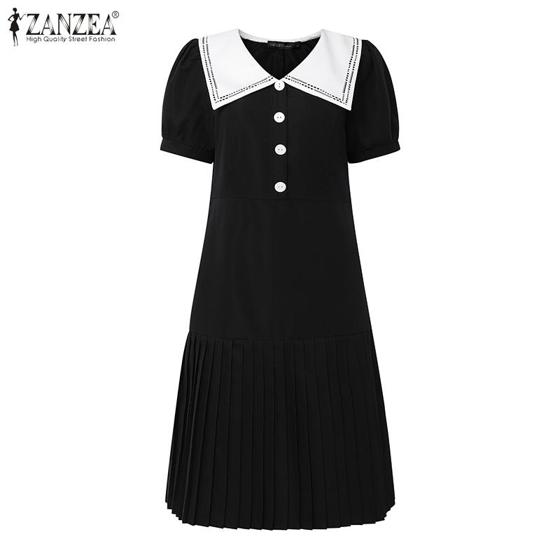 ZANZEA Women Casual Navy Collar Loose Short Sleeve Pleated Dress