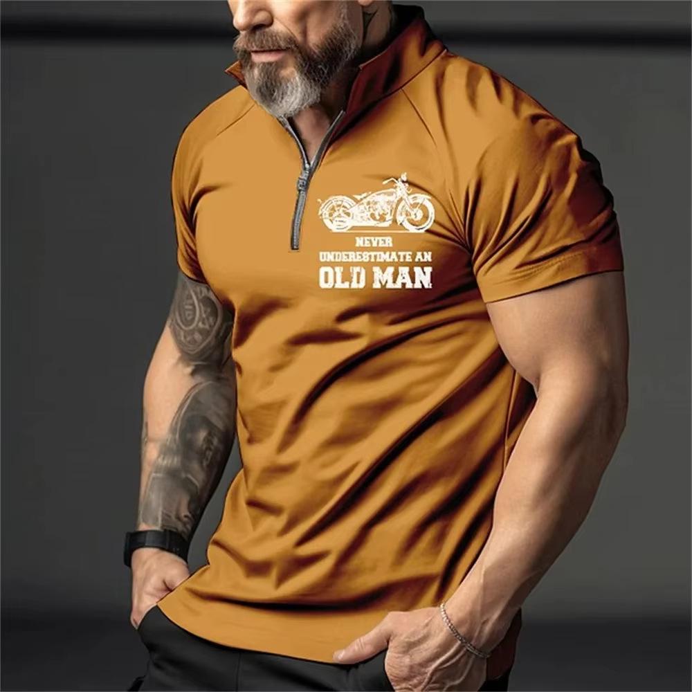 Retro Men's 3D Print Short Sleeve Polo with Zipper Lapel