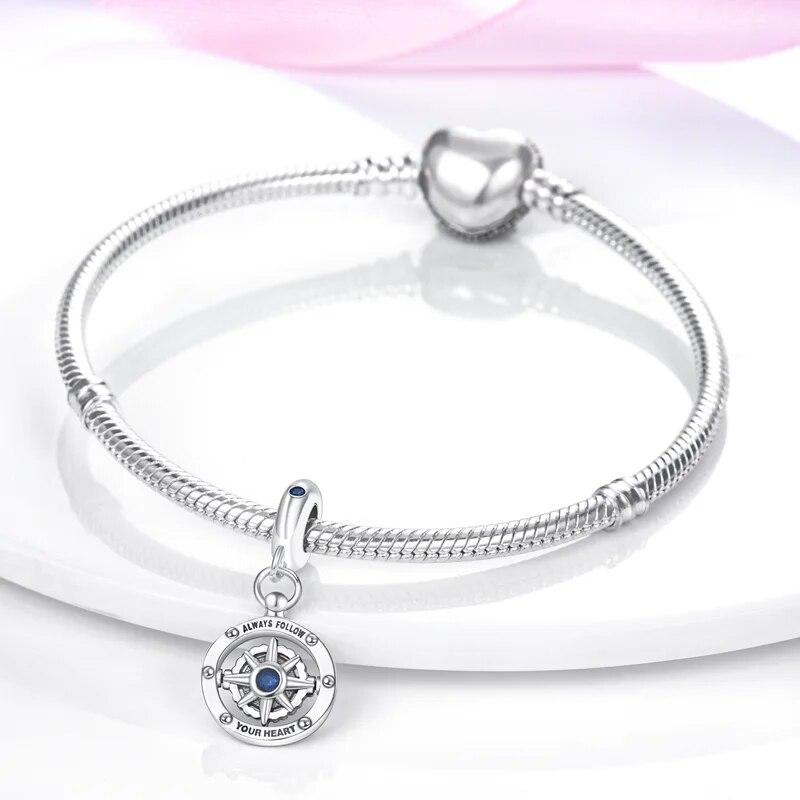 Följ Hjärta Kompass Dinglar Berlocker Pärlor Hänge 925 Silver Fit Armband Armband Diy För smyckestillverkning