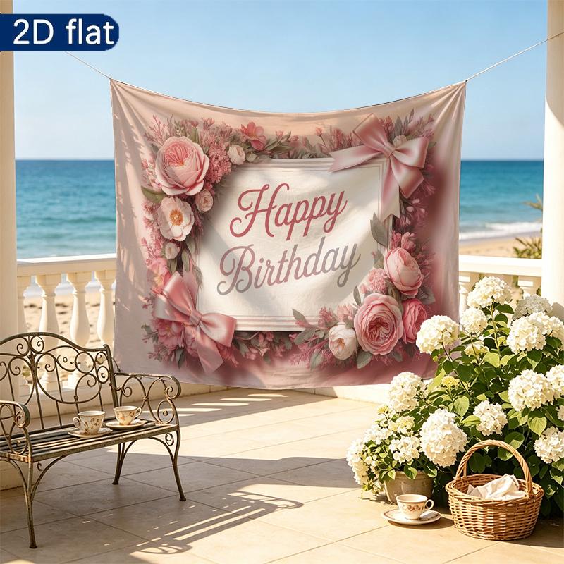 Party Banner Floral Gifts Polyester Fabric Birthday Backdrop, Polyester Wall Decor for Celebration & Photos
