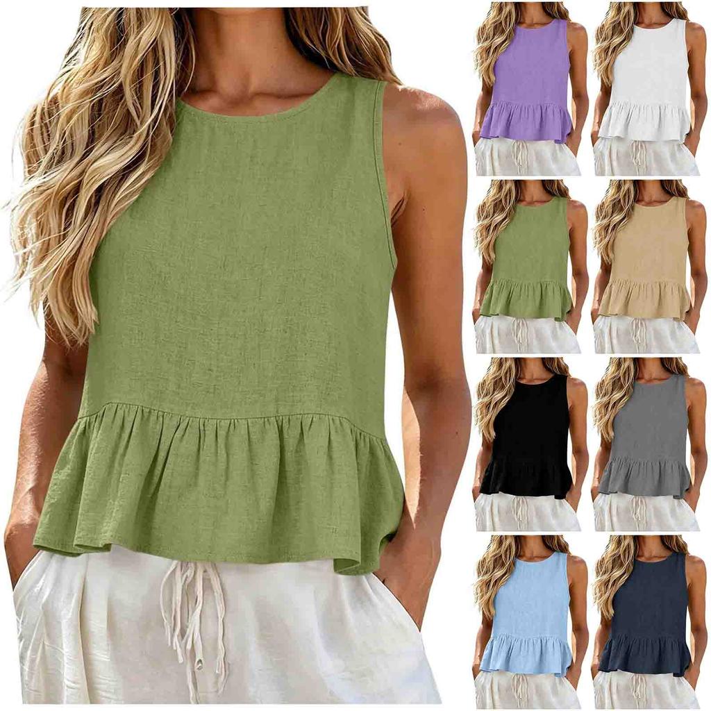 Sleeveless Peplum Hem Tank Top for Women Lightweight Casual Summer Blouse Round Neck Loose Fit Ruffle Bottom Shirt