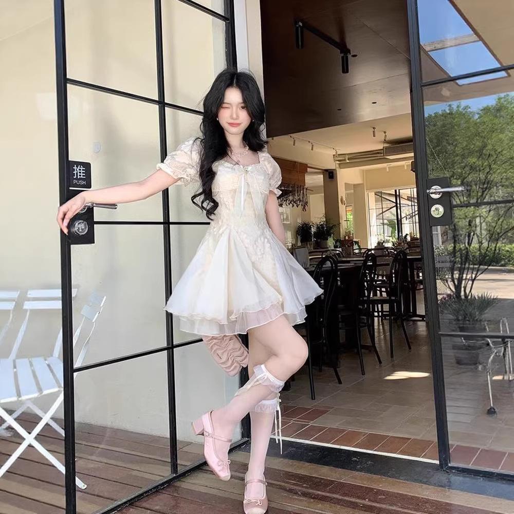 French high-end princess tulle splicing dress waist and thin small temperament cake dress female summer