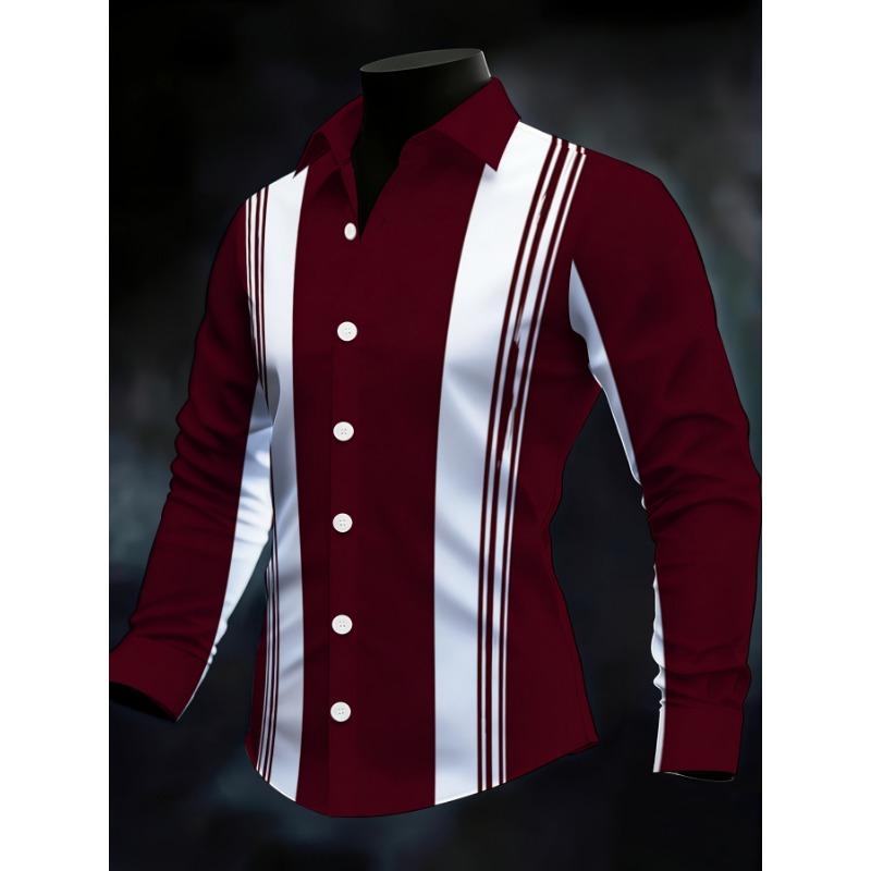 Men's Striped Color-Block Long Sleeve Shirt, Business Casual Slim Fit, Authentic Fashion Menswear
