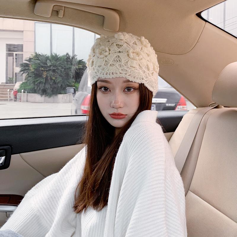 Handmade Crochet Knit Beanie Hat for Women Girls Hook Flower Hollow Caps for Vacation Party Daily Elegant Beanies