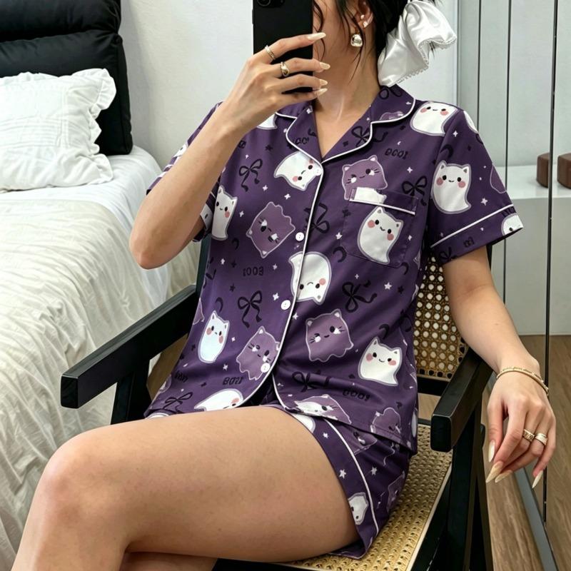Conjunto de Pijama Casual de Moda Estilo Europeo con Estampado de Hadas, Cuello, Manga Corta y Pantalones Cortos