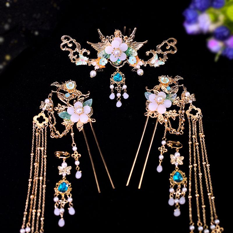 Set di Bacchette per Capelli da Donna Fiore in Metallo con Perline Frangia Fermagli Orecchini Copricapo Cinese