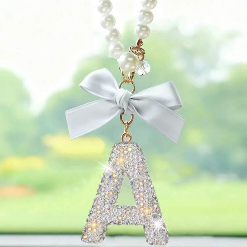 

Creative Diamond Fashionable Bow Letter Car Pendant Car Rearview Mirror Decoration Exquisite English Pendant Decoration
