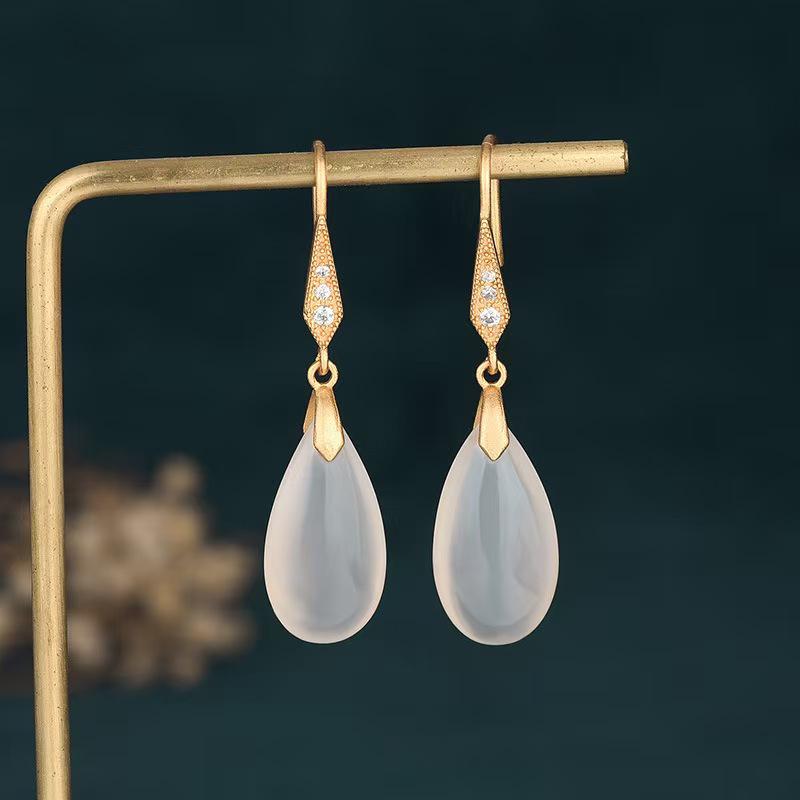 Chinese Style Qipao Earrings with Natural Chalcedony Agate Water Drop - Elegant and Fashionable Dangle Design