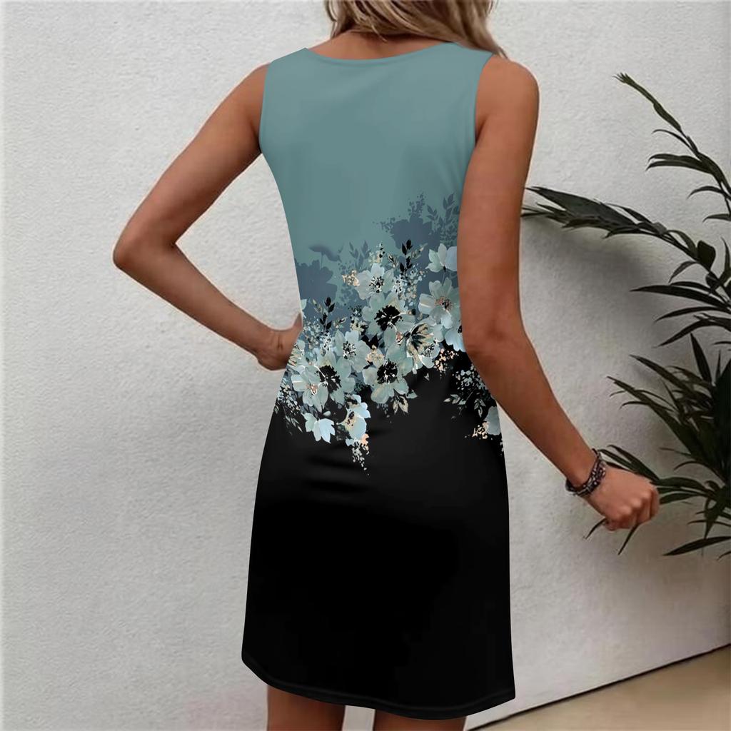 Abito da donna alla moda casual con stampa floreale, girocollo, senza maniche