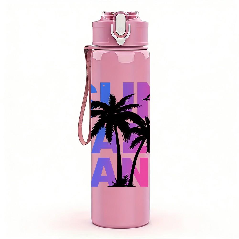 1PC Sun Sand Palm Tree Text Graphic 750ml Color Plastic Sports Water Bottle Leakproof Flip Straw Lid Suitable for Sports Office Home Use