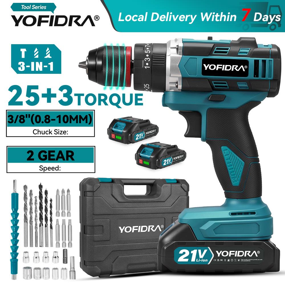 YOFIDRA 3IN1 Electric Impact Drill 25+3 Torque Handheld Cordless Impact Drill Woodworking Power Tool For Makita 21V Battery Pin