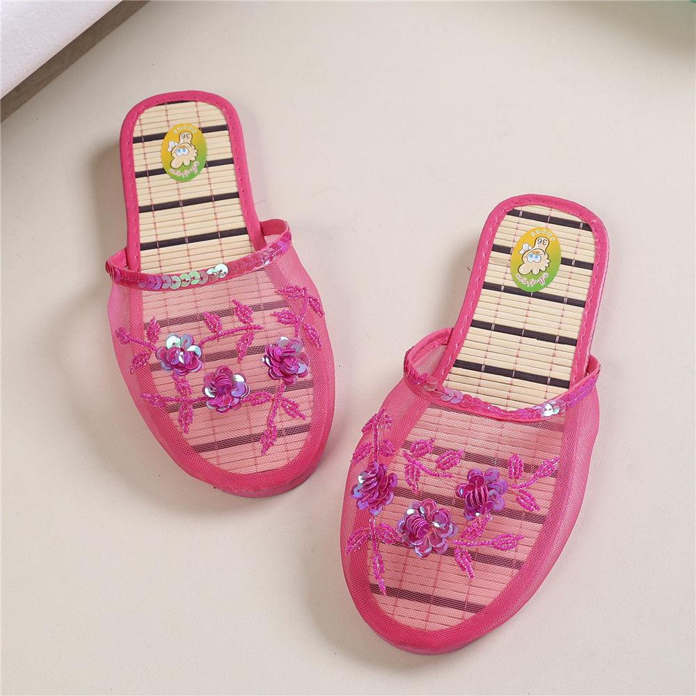 Handmade Beaded Home Slippers Women's Summer Indoor Mesh Wooden Flooring All Season Slippers Flat Heel