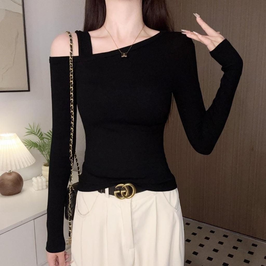 Women's One-Shoulder Slim-Fit Long-Sleeve T-Shirt - Early Autumn Niche Design