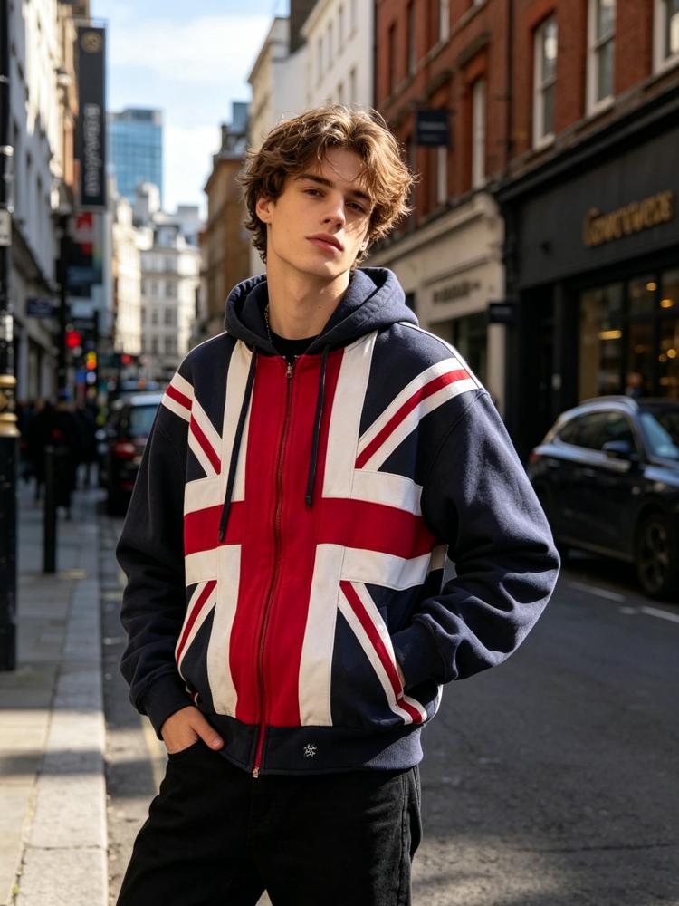 Harajuku Style Full Zipper Hooded Jacket, Retro British Flag Print, Street Casual Daily Men's and Women's Hoodie