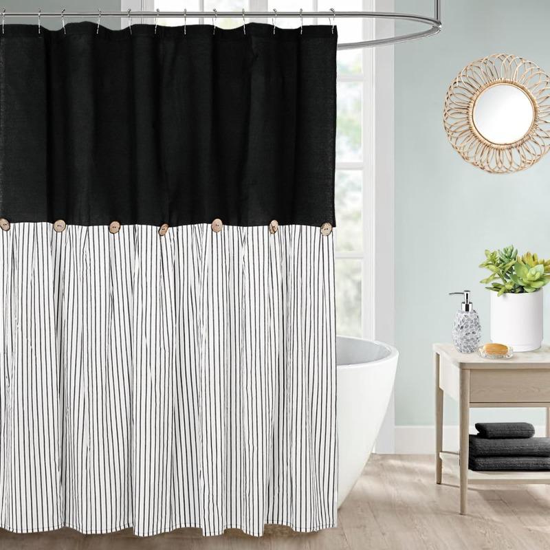 Farmhouse Shower Curtain,Beige and Black Stripe,Button Curtain,Linen and Cotton Woven Fabric,Rustic Charm Country Chic Style