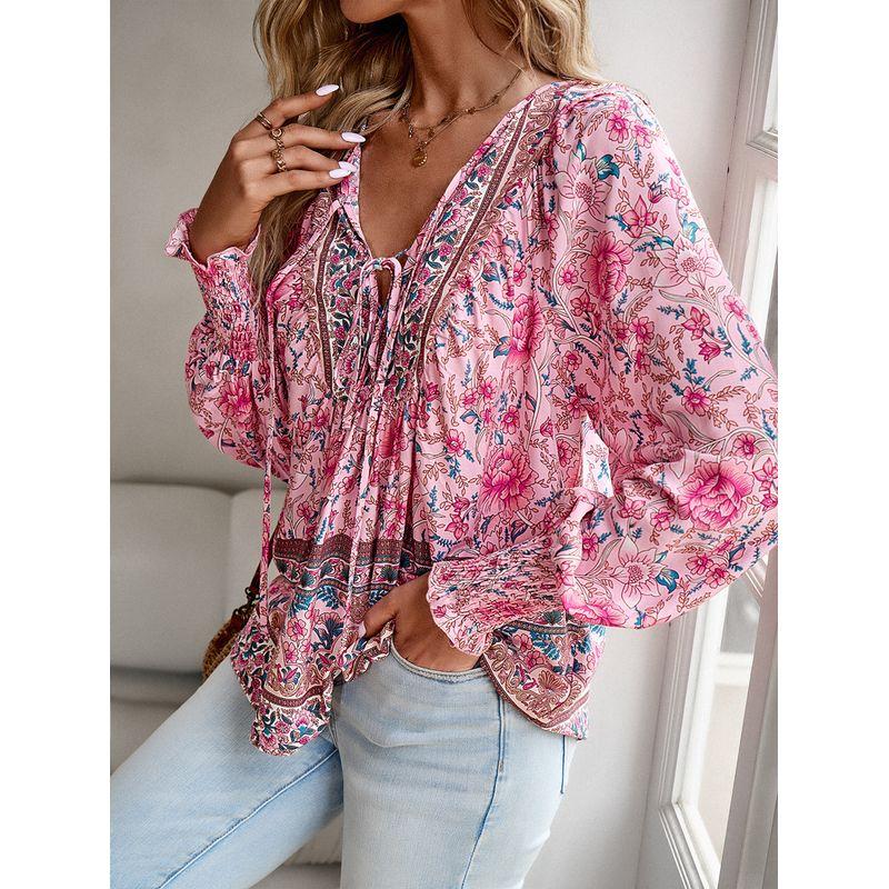 

Long Sleeve Printed Shirt2025 Spring Women Print Shirts Temperament V-neck Long sleeve Top Pink S