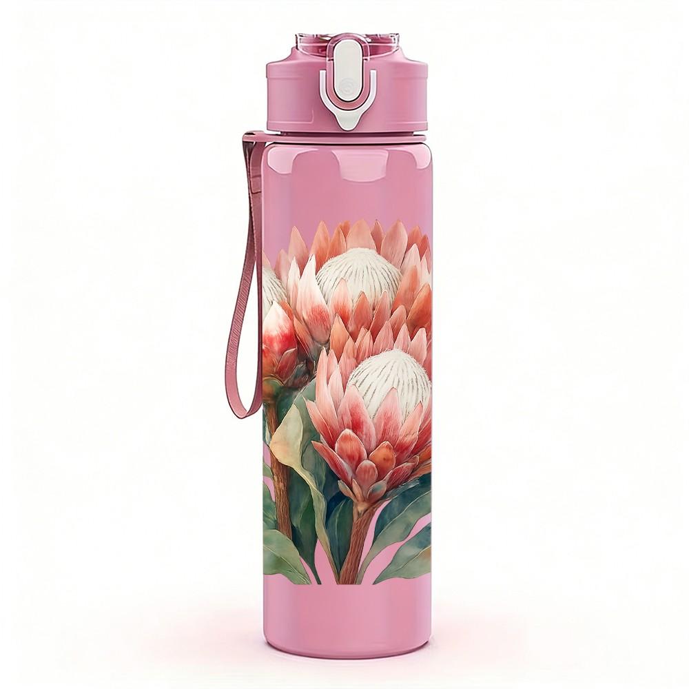 1PC Pink Protea Wild Flower Bloom 750ml Color Plastic Sports Water Bottle Leakproof Flip Straw Lid For Sports Office Home Use