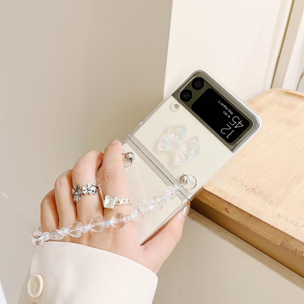 Luxury Korean Lesar Bow Love Heart Bracelet Chain Case For Samsung Galaxy Z Flip 4 Z Flip3 Zflip 5g Shockproof Back Cover Funda