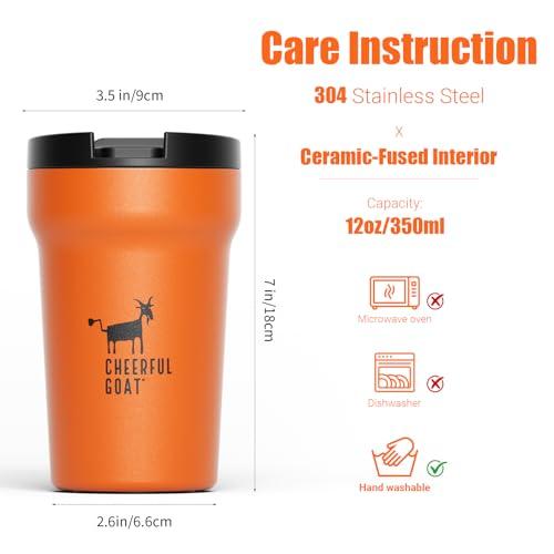 CHEERFUL GOAT Coffee Mug with Ceramic Liner – Stainless Steel Travel Insulated Tumbler with Built-in Ceramic Liner and Lid, 12oz Leakproof Cup – Perfe