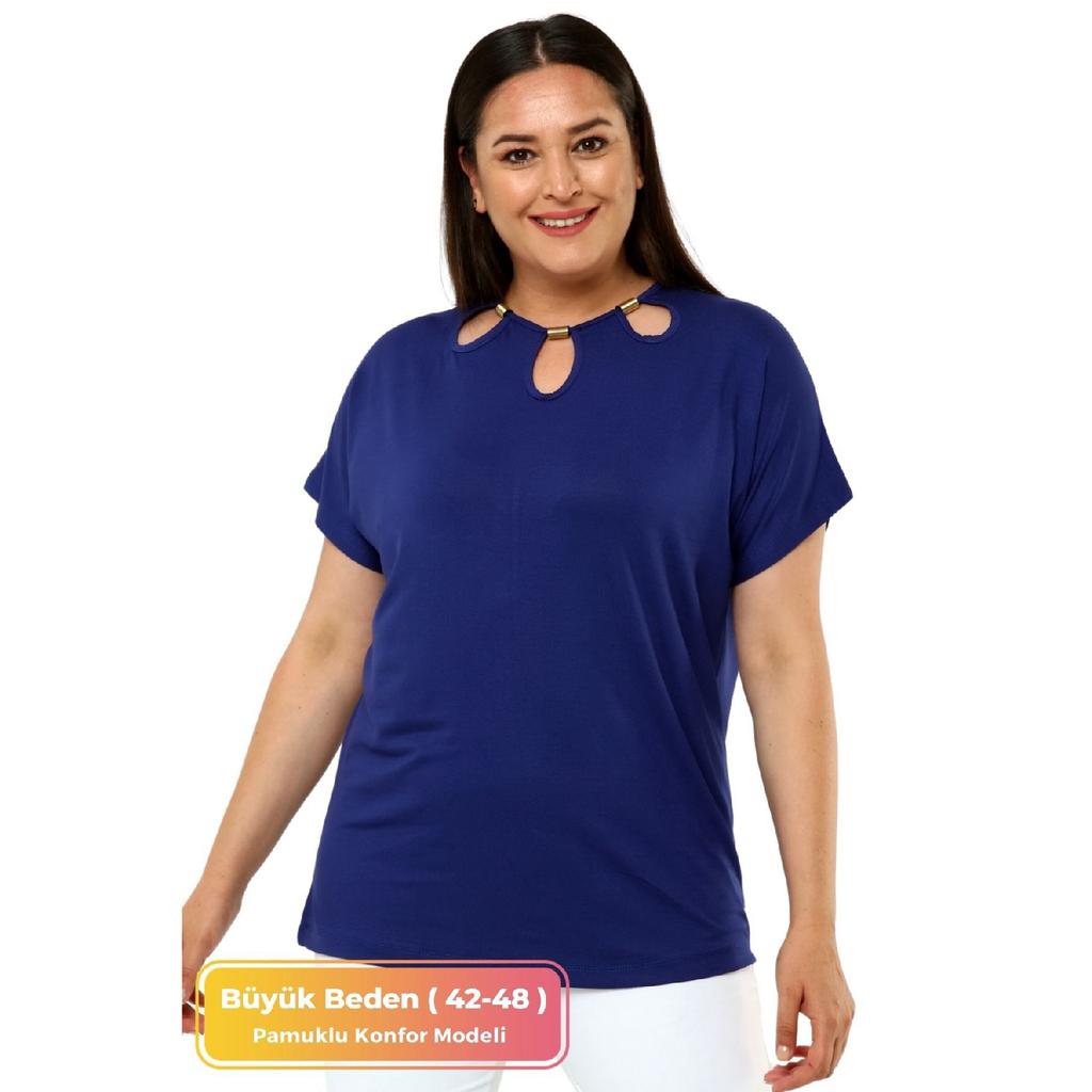 Plus Size Comfort Model Stylish Collar Detailed Cotton Curve Short Sleeve Summer Evening Dress Tunic T-shirt