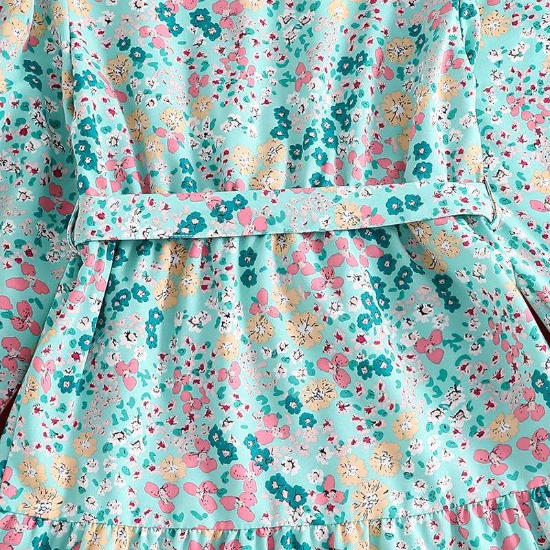 7-12 Years Old Girls Clothing Spring and Autumn Dress New Green Floral Print Dress Casual Long-sleeved Dresses